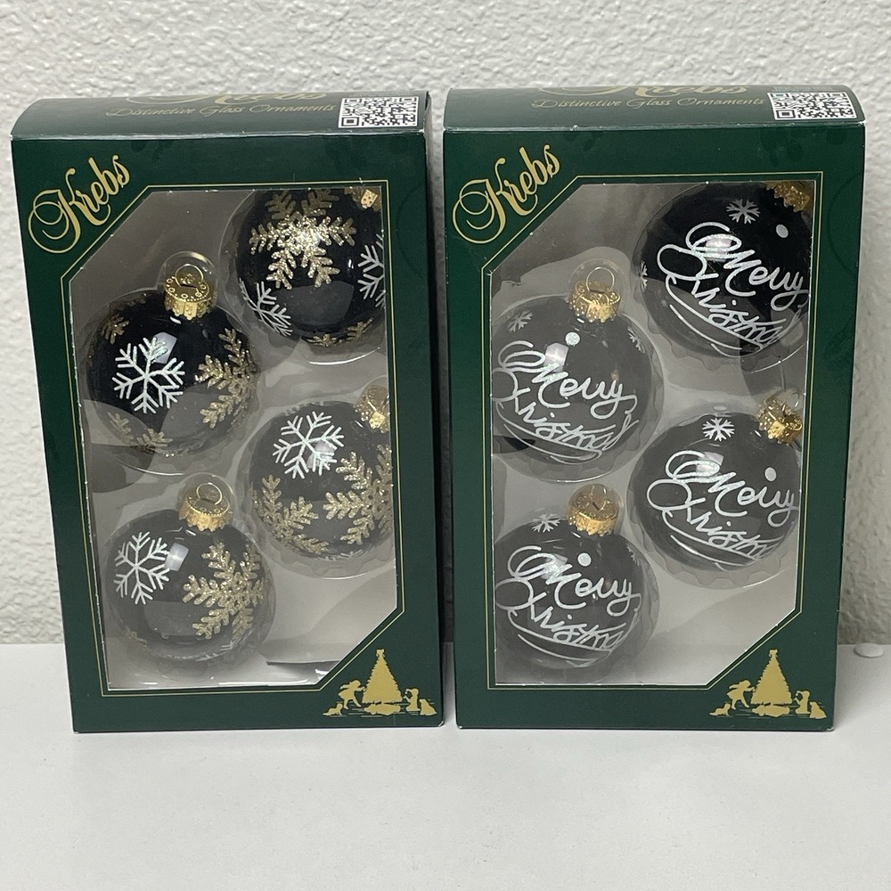 Krebs Black Glass Christmas Ornaments Merry Christmas Snowflakes NIB Lot 8